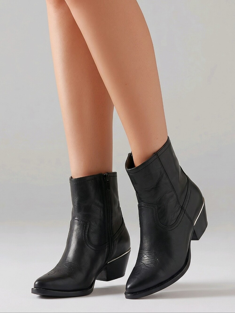 DKNY Black Leather Western Ankle Boots | Pointed Toe | Side Zip